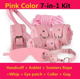 7in1 kit Bondage set for foreplay sex games red fur handcuffs blindfold handcuffs ankle cuff collar Leather whip ball gag 5meter3489974