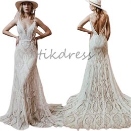 Fairy Fulllace Mermaid Wedding Dresses 2024 Sexy Spaghetti Straps Bohemian Bridal Dress Backless Destination Beach Bride Dress Gatsby Celtic Boho Vestio Novias