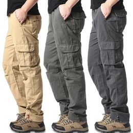 Large pocket loose mens outdoor sports jogging tactical pants elastic waist pure cotton casual work pants 240510