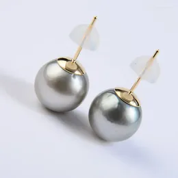 Stud Earrings 10.5-10.6MM Natural Gray Real Tahitian Pearl 9K Solid Yellow Gold