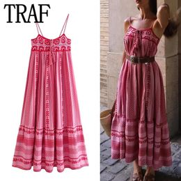 TRAF Pink Crochet Slip Dress Woman Cut Out Summer Long Dresses Women Backless Sexy Boho Dress Ruched Holiday Beach Dresses 240506