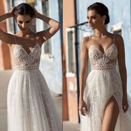 2020 Gali Karten Beach Wedding Dresses High Side Split Spaghetti Illusion Sexy Boho Bridal Gowns Sweep Train Backless Bohemian Wedding 215a