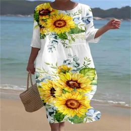 Casual Dresses Floral Print Dress Round Neck Bohemian Vacation Style Women's Midi With Half Sleeves Loose For Summer