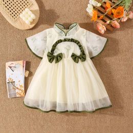 Girl Dresses Summer Baby Dress With Flower Print Chinese Style Flowing Su Bow Fold Birthday Party First Year