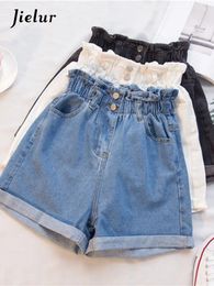 Jielur Summer Black Women Denim Short S5XL Harem Ruffled White Blue High Waisted Shorts Female Elastic Jeans 240508
