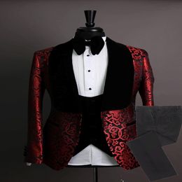 Custom Made Groomsmen Shawl Velvet Lapel Groom Tuxedos Red and Black Men Suits Wedding Best Man Blazer Jacket Pants Bow Tie Vest L608 259f