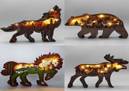 Home Decoration Wooden Hollowed Small Wolf LED Light Decor Desktop Ornaments Christmas Gift Animal Statue 2205238283538