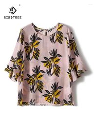 Women's T Shirts BirdTree Mulberry Silk Elegant T-Shirt Women O Neck Butterfly Sleeve Printed Commute Vacation Tops 2024 Summer T45356QC