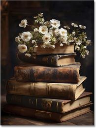 Vintage Floral Wall Art Moody Books Still Life Pictures Rustic Antique Art Oil Painting Prints Dark Academia Decor Posters for Room Aesthetic Bedroom Wall Decor