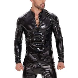 S-7XL Plus Size Mens Faux Tank Tops Tie up Wetlook PVC Leather V-neck Shirts Long Sleeve Male Casual Slim Fitting Vest Catsuit Costumes