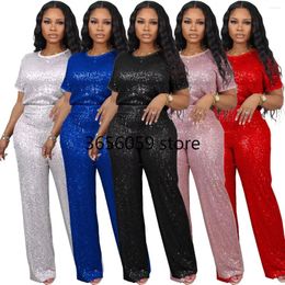 Ethnic Clothing 2024 Sequin African Clothes For Women Summer Short Sleeve O-neck Polyester 2 Piece Top Long Pant Matching Sets S-3XL