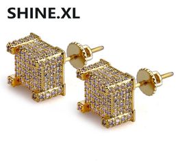 Hip Hop New Custom Iced Out Gold Colour Micro Paved Zircon Square Stud Earring with Screw Back Bling Jewellery for Women Male6524191