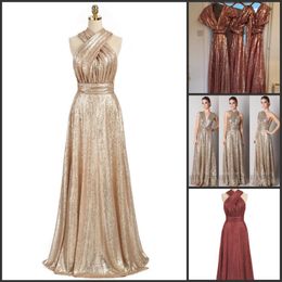 Sparkly Convertible Gold Sequin Bridesmaid Dresses A-line Long Maid of Honour Dresses Multiway Wedding Party Gowns 2414