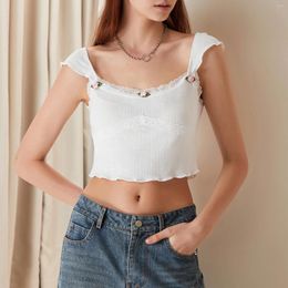 Women's T Shirts Fairy Sweet Summer Tank Tops Cap Sleeve Scoop Neck 3D Flower Lace Trim Short T-Shirts Aesthetic Clothes Backless Tees