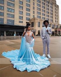 Light Blue Velvet Long Mermaid Prom Dresses 2024 Luxury Black Girls Beading Rhinestones with Cape Evening Party Birthday Gowns Latest Fashion