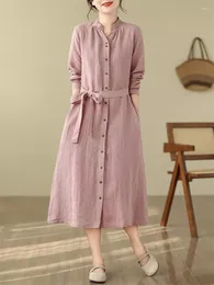 Casual Dresses French Linen V-Neck Solid Colour Waistband Dress Spring Loose Size Large Long Sleeve Single Breasted Midi Women Z4824