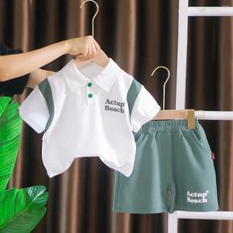 Clothing Sets 2024 Baby Summer Clothes For Kids Boy Patchwork Letter Flip Collar Short Sleeve T-shirts And Shorts Boys Boutique Outfit Set