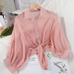 Women's Blouses Casual Loose Hollow White Clothes Elegant Solid Colour Tied Waist Blouse Women Summer Bat Half Sleeve Button Chiffon Shirt