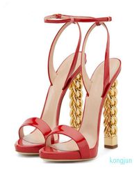Designer Women shoes Red Patent leather High Strap Runway Shoes Gold Chain Strange Style Heel summer sandals4035424