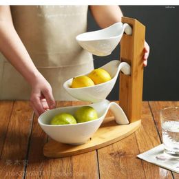 Plates Double-layer Ceramic Fruit Bowl Dessert Storage Display Tray Cake Stand Wood Plate Household Soy Sauce Dish