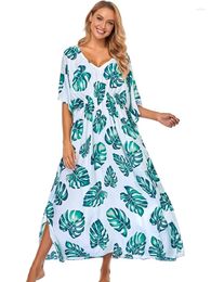 Party Dresses Bohemian Kaftan Leaf Printed 2024 Summer Women's Outfit Long Dress Tunic Elegant House Robe Beach Wear Maxi Q1204