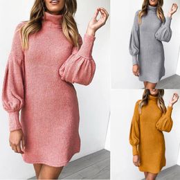 Autumn and Winter Fashion Street Style Ribbed Round Neck Loose Midje Design Lantern Långärmad Urban Chic Bodycon Dress AST9215