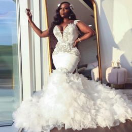 African Mermaid Wedding Dress 2021 Sweetheart Ruffle Royal Train Black Bride Dress Beading Formal Bridal Gown Plus Size Pageant 246E