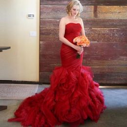 Red Gothic Mermaid Wedding Dresses Vestido De Noiva Organza Ruffle Sweetheart Country Western Bridal Gown Robe De Marriage 3453