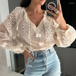 Women's Blouses Sexy Deep V-neck Long Sleeve Blouse 2024 Elegant Jacquard See-through Lace-up Pullover Tops Women Casual Solid Loose Shirt