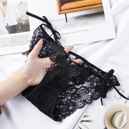 Women's Panties Black Lace Briefs Sexy Lingerie Nylon Solid Bowknot Flower Panel Plus Size Temptation Transparent Underwear