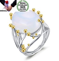 OMHXZJ Whole European Fashion Woman Man Party Wedding Gift White Moonstone 925 Sterling Silver 18KT Yellow Gold Ring RR3764850984