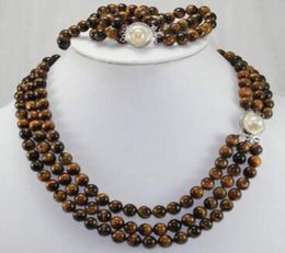 Natural 3 rows 8mm Africa Roaring Tiger Eye Necklace Bracelet 1719quot75quot2774826