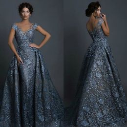 Zuhair Murad 2019 Mermaid Prom Dresses With Detachable Skirt Full Lace Applique Cap Sleeves Evening Gown Sheer V Neck Formal Dress Part 261B