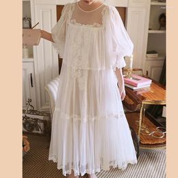 Women's Sleepwear Fairy Spring Summer Mesh Nightgown Princess Women Vintage Lace Round Neck Nightdress Casual White Long Night Dress