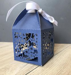 Party Favour Plum Blossom Navy Blue Laser Cut Wedding Box Small Gift Packaging With Ribbon Pecial Decorated Favours For Guests