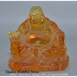 Decorative Figurines 3.6" Old Chinese Yellow Amber Carved Seat Happy Laugh Maitreya Buddha Statue