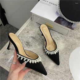 Slippers Thin Heels Women Shoes Pearl Solid Summer Sandals For Female Lady Girl Simple Casual High Street Pointed Toe Slip-on 2024