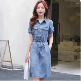 Party Dresses Fashion Temperament Short Sleeved Denim Shirt Dress Women 2024 Summer Loose Casual Waist Jean With Pockets Female