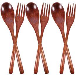 Dinnerware Sets 6 Pcs Wooden Spoon And Fork Two-piece Set With Long Handle Solid Portable Tableware Adults Party Dessert Spoons Reusable