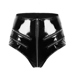 Women Sexy Opening Crotch Leather Shorts For Sex Erotic Porn Below Crotchless Underwear Glossy Zipper Latex Bag Hip Pants Sexi Catsuit Costumes