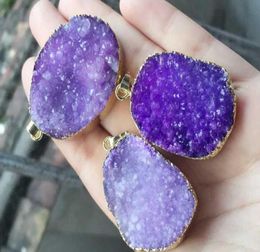 Fashion 6pcs Gold plated Purple Nature Quartz Druzy Geode pendant Drusy Crystal Gem stone connector Beads Jewellery findings61602813450123