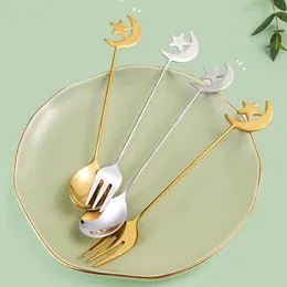 Coffee Scoops Stainless Steel Spoon Lovely Golden Star Moon Stirring Spoons Teaspoon Fruit Dessert Cake Fork Cafe Accessorios