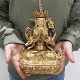 Decorative Figurines Wholesale Tibet Buddha Statue Gilding Worship Four-armed Avalokitesvara Bidhisattva Guanyin Family Protection