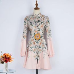 Casual Dresses Women's Summer Dress 2024 Vintage Flounced Belt Chiffon Print Long Sleeve Turtleneck High Waist