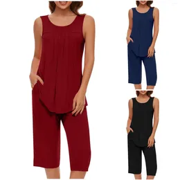 Home Clothing Women Pajamas Set Tall Soft Sleeveless Tank Top And Capri Pants With Pocket Loungewear Sets Flannel