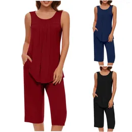 Home Clothing Women Pyjamas Set Tall Soft Sleeveless Tank Top And Capri Pants With Pocket Loungewear Sets Flannel