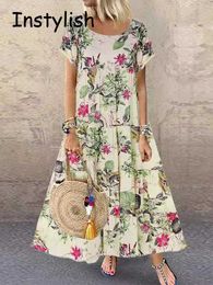 Basic Casual Dresses Retro Bohemian floral print long skirt with short sleeved O-neck cotton linen loose oversized dress summer party Sundress robeL2405