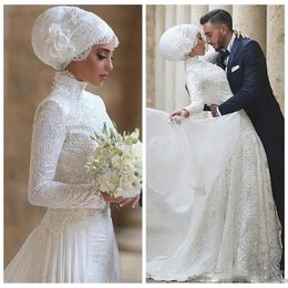 2018 Luxury Arabic Muslim Wedding Dresses Dubai High Neck Long Sleeves Lace Appliques Bridal Gowns Vestidos De Novia 289B