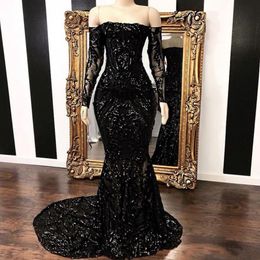 Vestidos Off The Shoulder Mermaid Prom Dresses 2023 Vintage Black Long Sleeve Sweep Strain Sequined Formal Evening Dress Party Gowns BC 250e