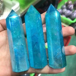 Decorative Figurines Crystals Healing Stone Blue Aura Crystal Point Tower Electroplated Clear Quartz For Home Decor